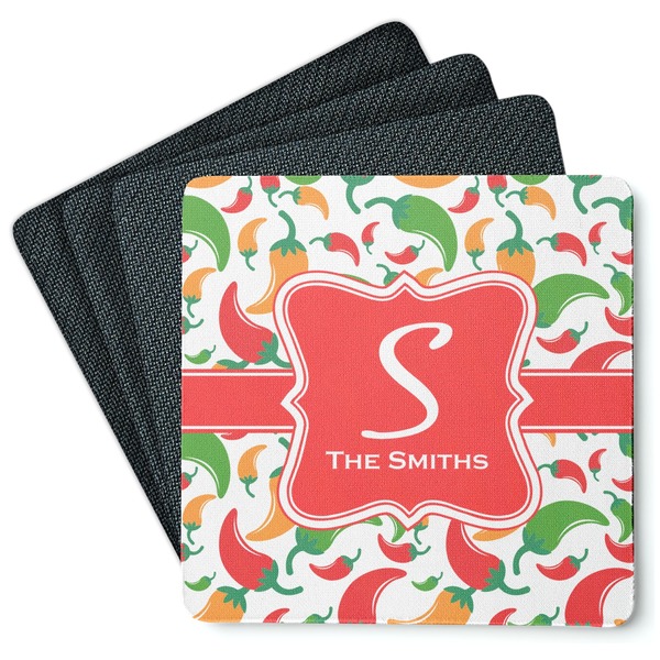 Custom Colored Peppers Square Rubber Backed Coasters - Set of 4 (Personalized)