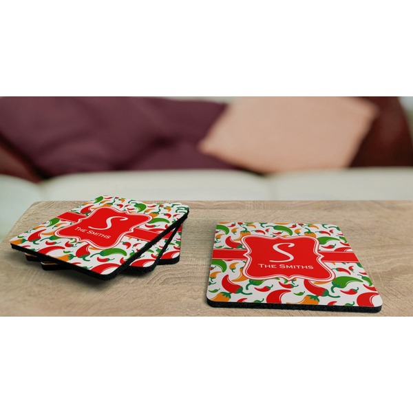 Colored Peppers Coaster Rubber Back - On Coffee Table