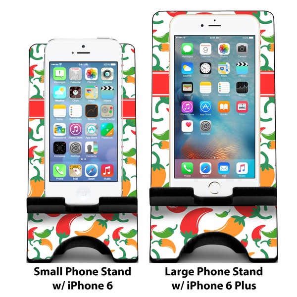 Colored Peppers Compare Phone Stand Sizes - with iPhones