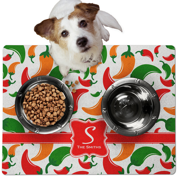 Custom Colored Peppers Dog Food Mat - Medium w/ Name and Initial