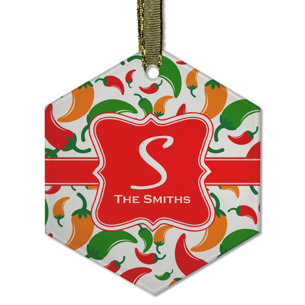 Custom Colored Peppers Flat Glass Ornament - Hexagon w/ Name and Initial