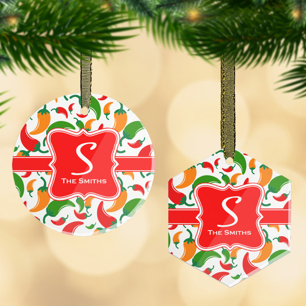 Custom Colored Peppers Flat Glass Ornament w/ Name and Initial