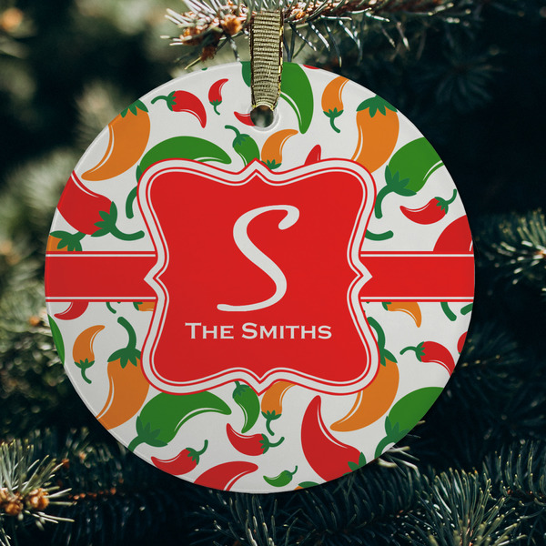 Colored Peppers Frosted Glass Ornament - Round (Lifestyle)
