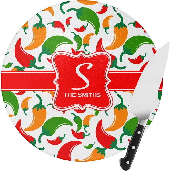 Custom Colored Peppers Round Glass Cutting Board - Medium (Personalized)