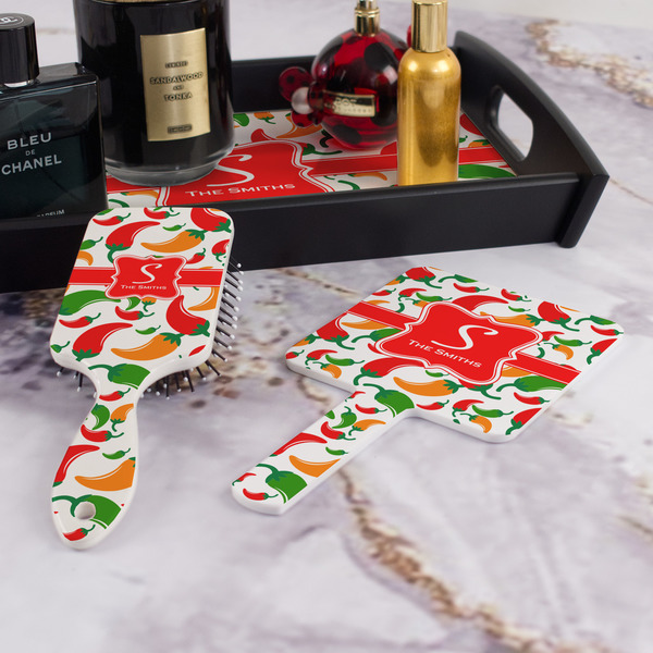 Colored Peppers Hair Brush and Hand Mirror - Bathroom Scene