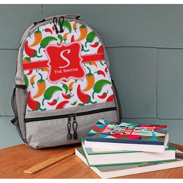 Colored Peppers Large Backpack - Gray - On Desk