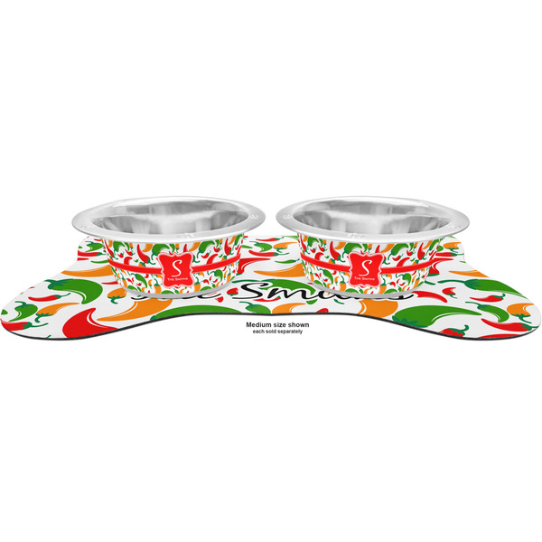 Colored Peppers Metal Pet Bowls - On Dog Bone Shaped Mat