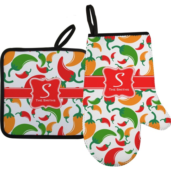 Custom Colored Peppers Oven Mitt & Pot Holder Set w/ Name and Initial