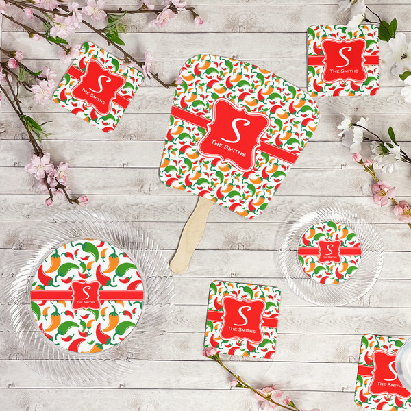 Colored Peppers Party Supplies Combination Image - All items - Plates, Coasters, Fans