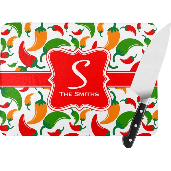 Custom Colored Peppers Rectangular Glass Cutting Board - Large - 15.25"x11.25" w/ Name and Initial