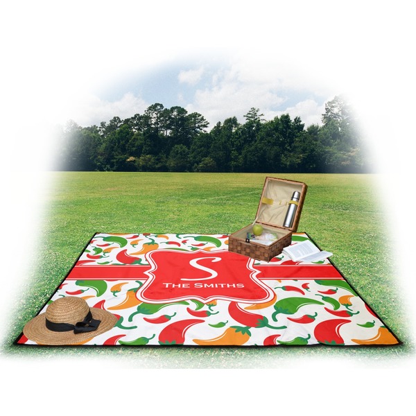 Colored Peppers Picnic Blanket - with Basket Hat and Book - in Use