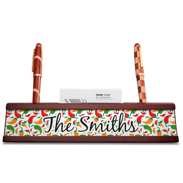 Colored Peppers Red Mahogany Nameplates with Business Card Holder - Straight