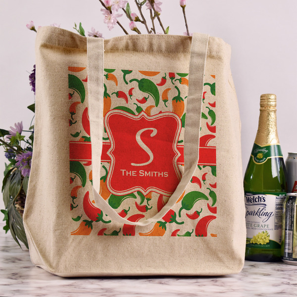 Colored Peppers Reusable Cotton Grocery Bag - In Context