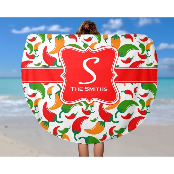 Colored Peppers Round Beach Towel - In Use