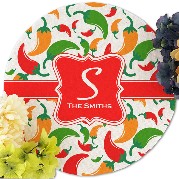 Colored Peppers Round Linen Placemats - Front (w flowers)