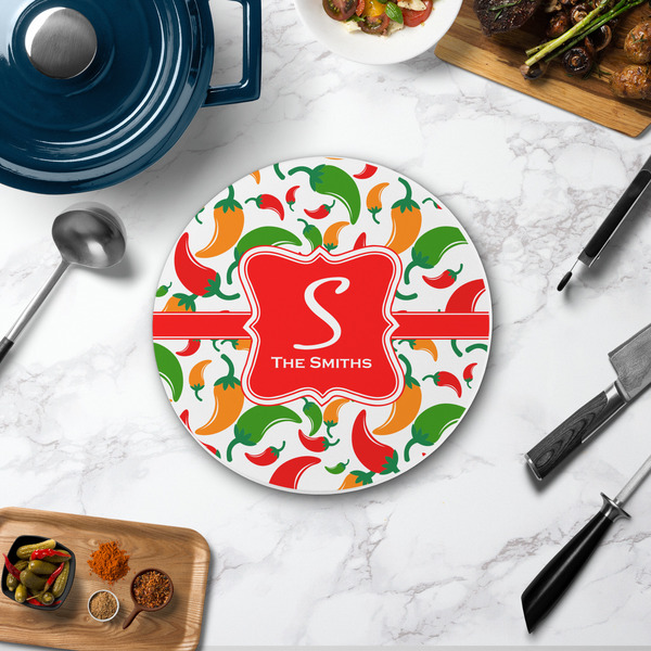 Colored Peppers Round Stone Trivet - In Context View