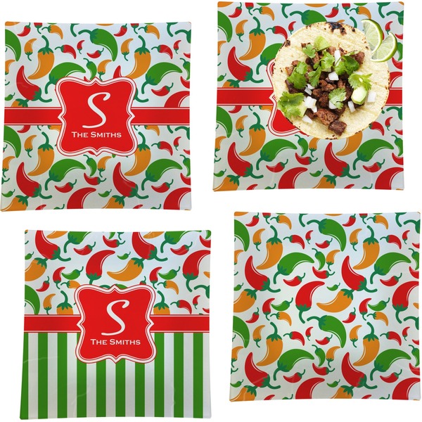 Custom Colored Peppers Set of 4 Glass Square Lunch / Dinner Plate 9.5" (Personalized)