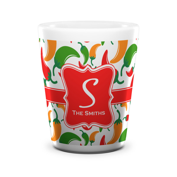 Custom Colored Peppers Ceramic Shot Glass - 1.5 oz - White - Single (Personalized)