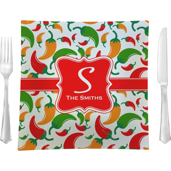 Custom Colored Peppers 9.5" Glass Square Lunch / Dinner Plate- Single or Set of 4 (Personalized)