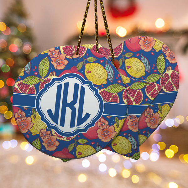 Custom Pomegranates & Lemons Ceramic Ornament w/ Monogram