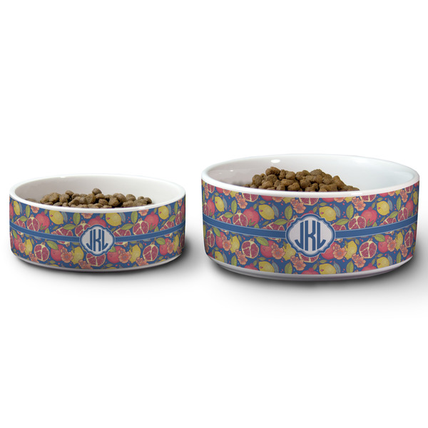 Pomegranates & Lemons Ceramic Dog Bowls - Size Comparison