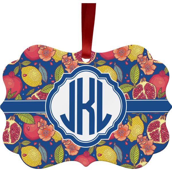 Custom Pomegranates & Lemons Metal Frame Ornament - Double Sided w/ Monogram