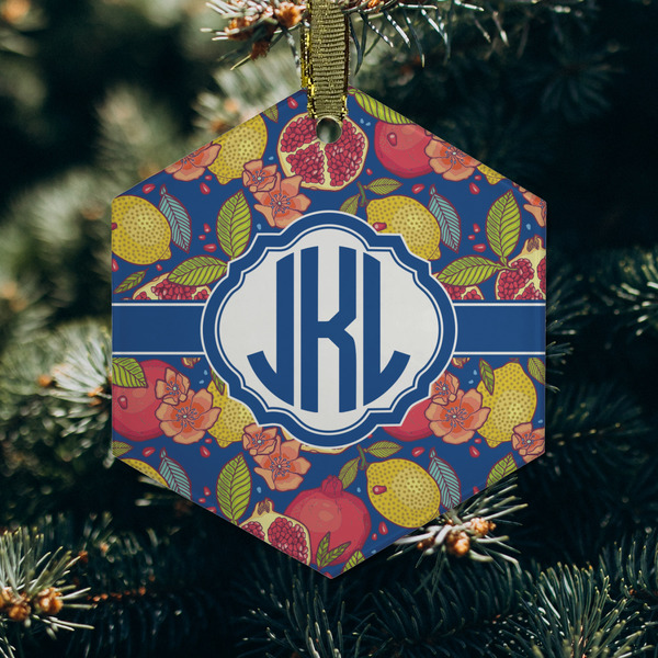 Pomegranates & Lemons Frosted Glass Ornament - Hexagon (Lifestyle)