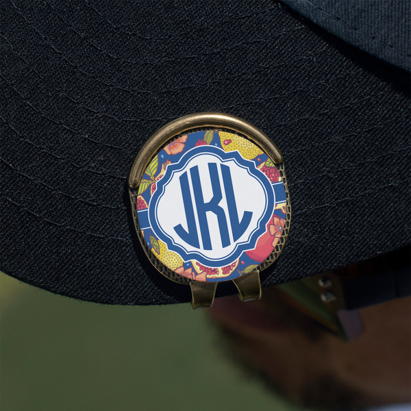 Pomegranates & Lemons Golf Ball Marker Hat Clip - Gold - On Hat