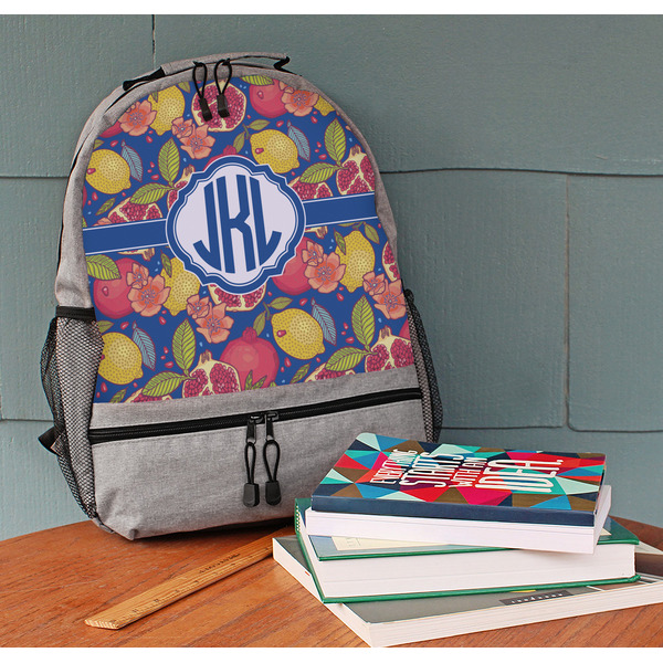 Pomegranates & Lemons Large Backpack - Gray - On Desk