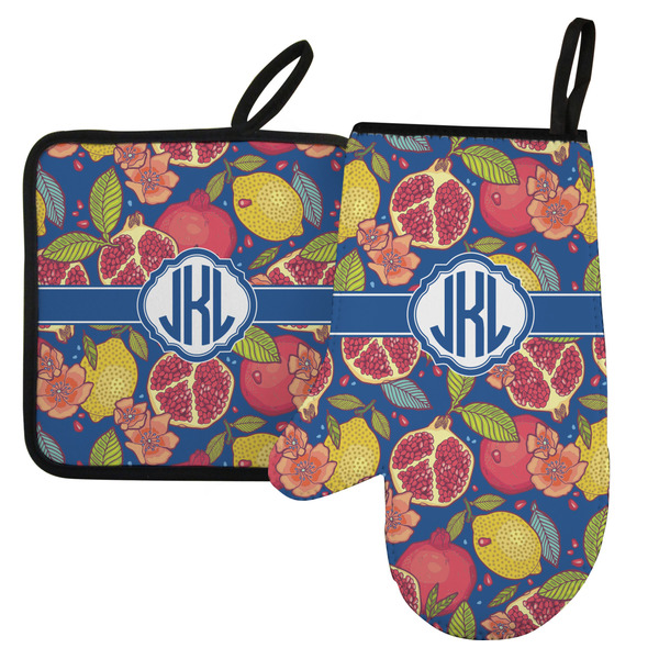 Custom Pomegranates & Lemons Left Oven Mitt & Pot Holder Set w/ Monogram