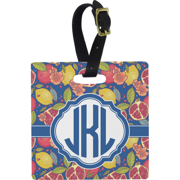 Custom Pomegranates & Lemons Plastic Luggage Tag - Square w/ Monogram