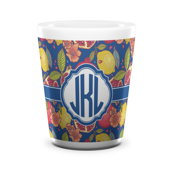 Custom Pomegranates & Lemons Ceramic Shot Glass - 1.5 oz - White - Set of 4 (Personalized)