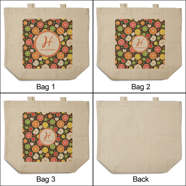 Apples & Oranges 3 Reusable Cotton Grocery Bags - Front & Back View