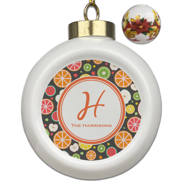 Custom Apples & Oranges Ceramic Ball Ornaments - Poinsettia Garland (Personalized)