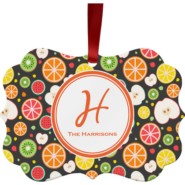 Custom Apples & Oranges Metal Frame Ornament - Double Sided w/ Name and Initial