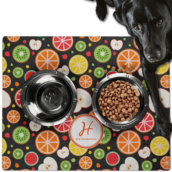 Custom Apples & Oranges Dog Food Mat - Large w/ Name and Initial