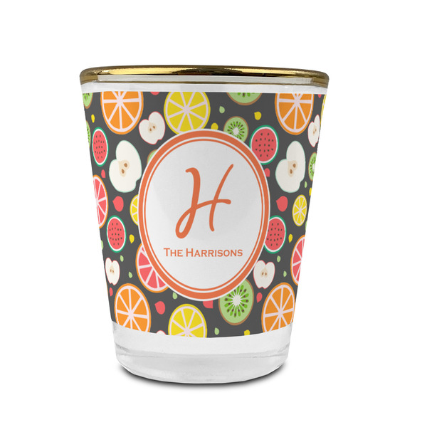 Apples & Oranges Glass Shot Glass - With gold rim - FRONT