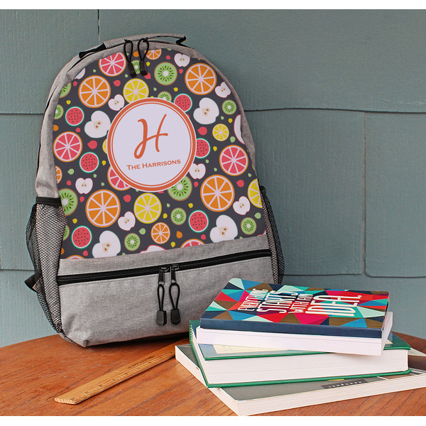Apples & Oranges Large Backpack - Gray - On Desk