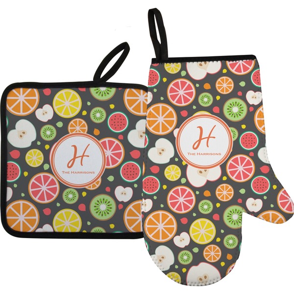 Custom Apples & Oranges Right Oven Mitt & Pot Holder Set w/ Name and Initial