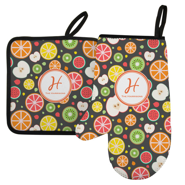 Custom Apples & Oranges Left Oven Mitt & Pot Holder Set w/ Name and Initial