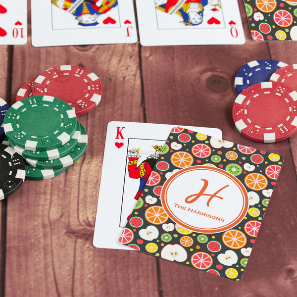 Apples & Oranges On Table with Poker Chips