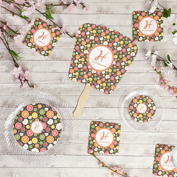 Apples & Oranges Party Supplies Combination Image - All items - Plates, Coasters, Fans