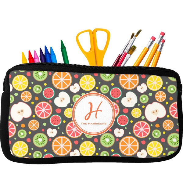 Custom Apples & Oranges Neoprene Pencil Case - Small w/ Name and Initial
