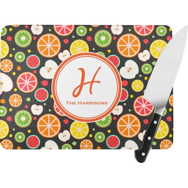 Custom Apples & Oranges Rectangular Glass Cutting Board - Large - 15.25"x11.25" w/ Name and Initial