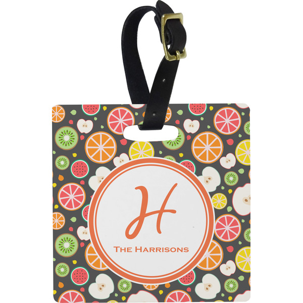 Custom Apples & Oranges Plastic Luggage Tag - Square w/ Name and Initial