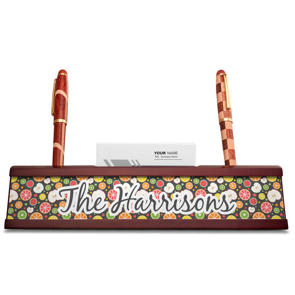 Apples & Oranges Red Mahogany Nameplates with Business Card Holder - Straight