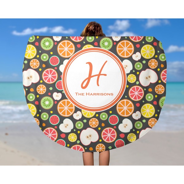 Apples & Oranges Round Beach Towel - In Use