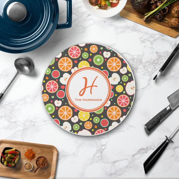 Apples & Oranges Round Stone Trivet - In Context View