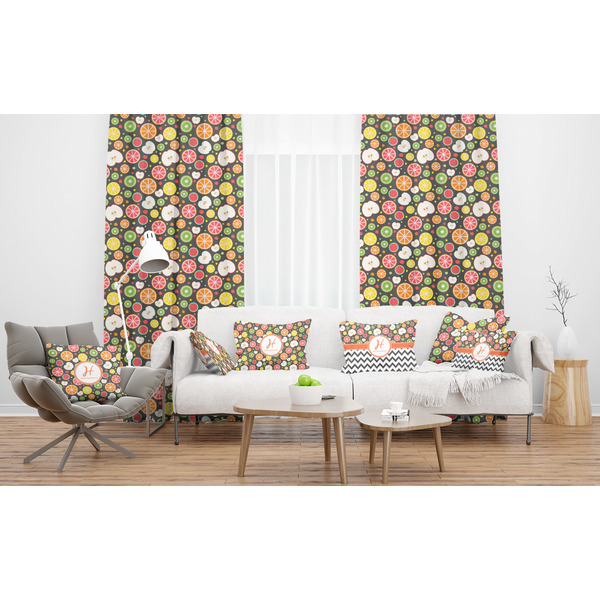 Apples & Oranges Sheer and Custom Curtains in Room with Matching Pillows