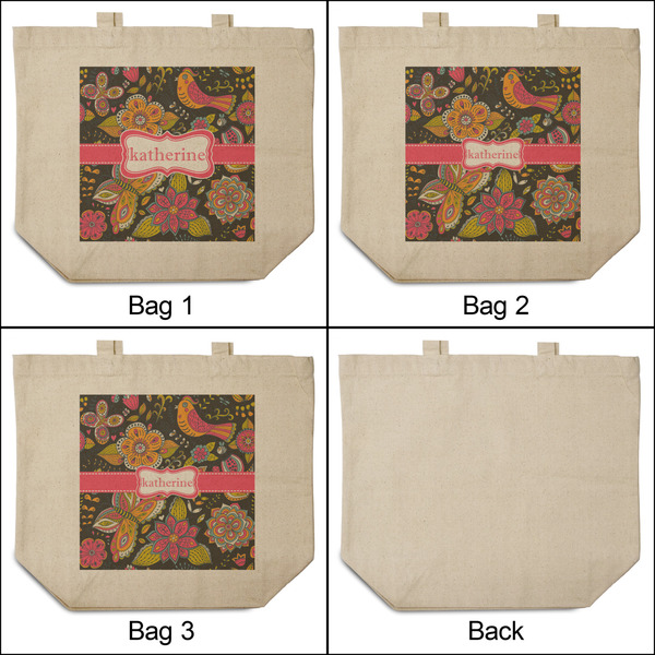 Birds & Butterflies 3 Reusable Cotton Grocery Bags - Front & Back View